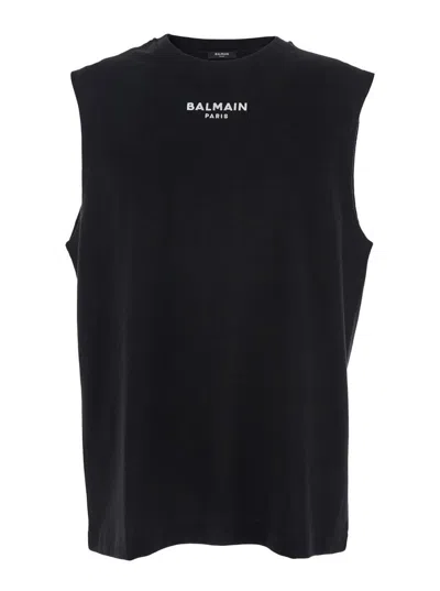 BALMAIN BLACK CREWNECK SLEEVELESS TOP WITH LOGO LETTERING EMBROIDERY ON THE FRONT IN COTTON MAN