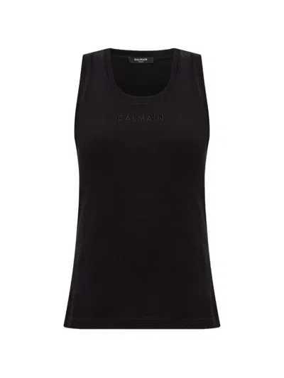 Balmain Small " Paris" Emb Jersey Tank Top In Black