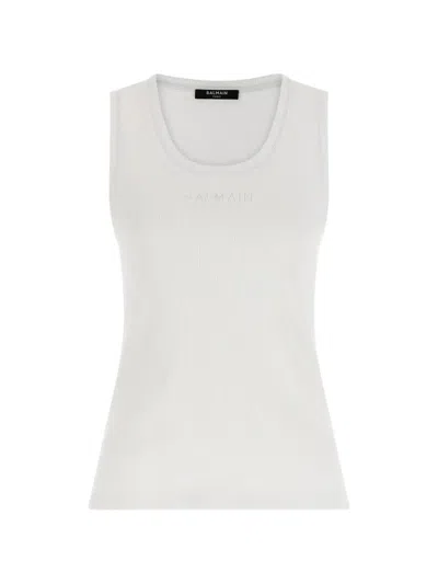 Balmain Small " Paris" Emb Jersey Tank Top In White