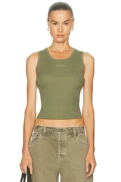Balmain Small  Paris Embroidered Jersey Tank Top In Green