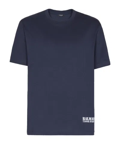 Balmain Blue Crewneck T-shirt With Logo Lettering Print On The Front