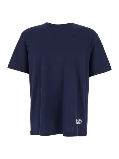 Balmain Blue Crewneck T-shirt With Logo Lettering Print On The Front