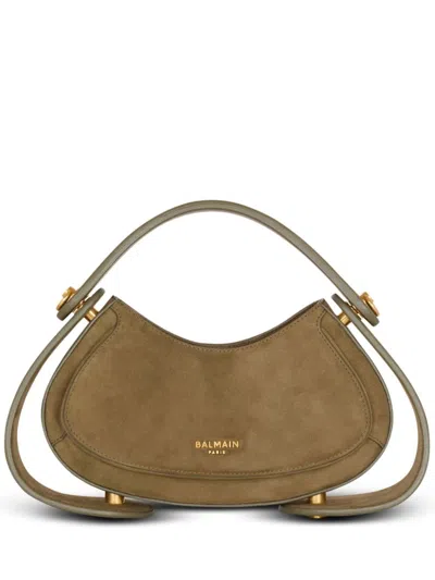Balmain Jolie Madame Medium Top-handle Bag In Suede In Kaki