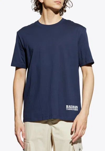 Balmain Blue Crewneck T-shirt With Logo Lettering Print On The Front