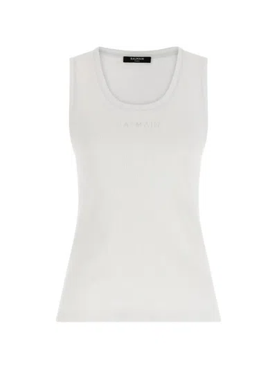 Balmain Small " Paris" Emb Jersey Tank Top In White