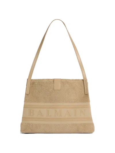 Balmain Small Release Tote Bag In Cotton Bouclé In Neutral