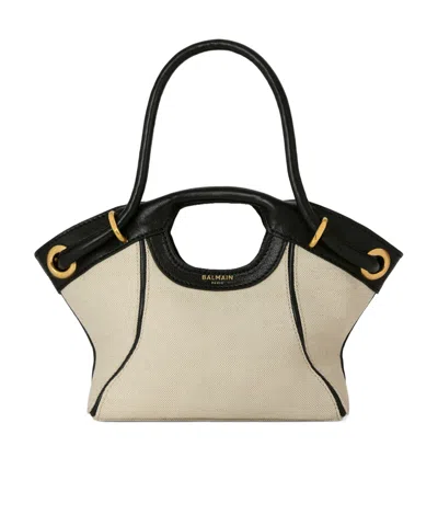 Balmain Small Tote In Smooth Leather And Canvas In Neutral