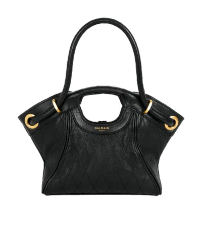 Balmain Small Tote In Smooth Topstitched Leather In Black