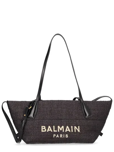 Balmain Women Track Shoulder Bag In Leather And Raffia In Black