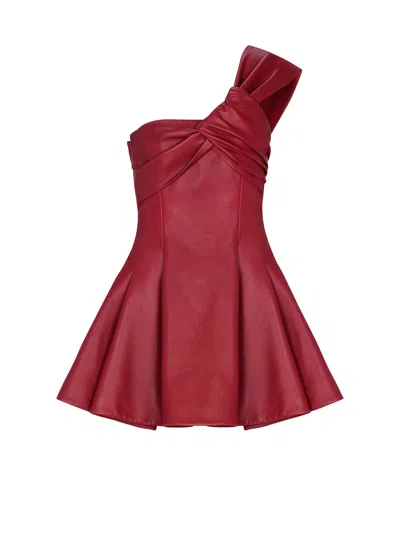 Balmain Smooth Leather One-shoulder Dress In Burgundy