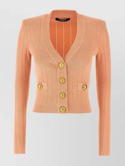 BALMAIN 'SNAIL' V-NECK RIBBED CARDIGAN WITH FRONT POCKETS