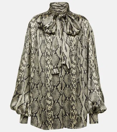 Balmain Snake-print Tie-detail Silk Blouse In Grey