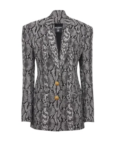 Balmain Snakeskin-print Single-breast Blazer In Gray