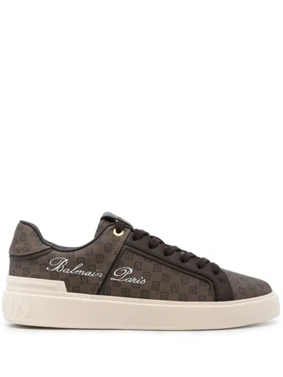 Balmain B-court Pb-print Sneakers In Brown