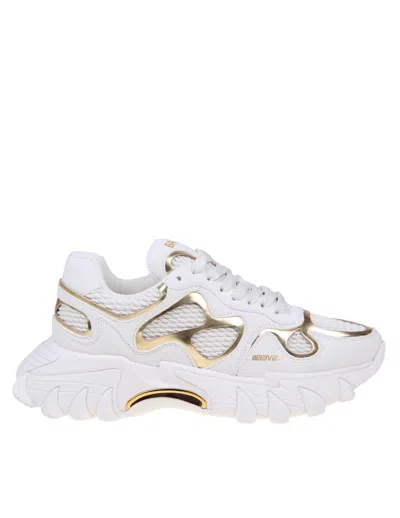 Balmain B-east Sneakers In White And Gold Suede And Leather In White/gold