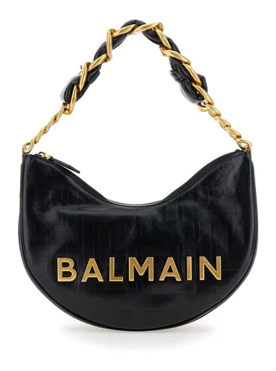 Balmain 'soft Moon 1945' Black Shoulder Bag With Lettering Logo On The Front In Leather Woman