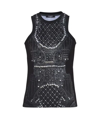 Balmain Soft Tank Top With Faux Embroidery Print In Black