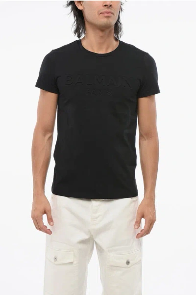 Balmain Solid Color Crew-neck T-shirt With Embossed Logo In Black