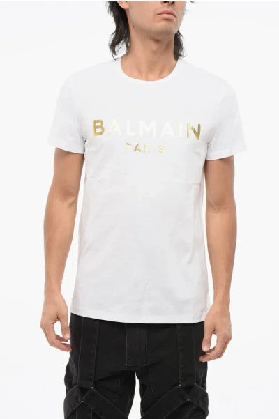 Balmain Solid Color Crew-neck T-shirt With Golden Logo In White