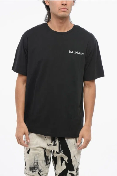 Balmain Solid Color Crew-neck T-shirt With Reflective Logo In Black