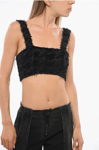 BALMAIN SOLID COLOR CROP TOP EMBELLISHED WITH SEQUINS