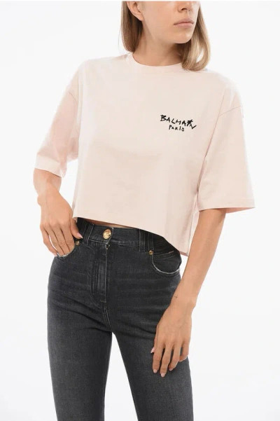 Balmain Solid Color Cropped T-shirt With Flocked Logo In Neutral