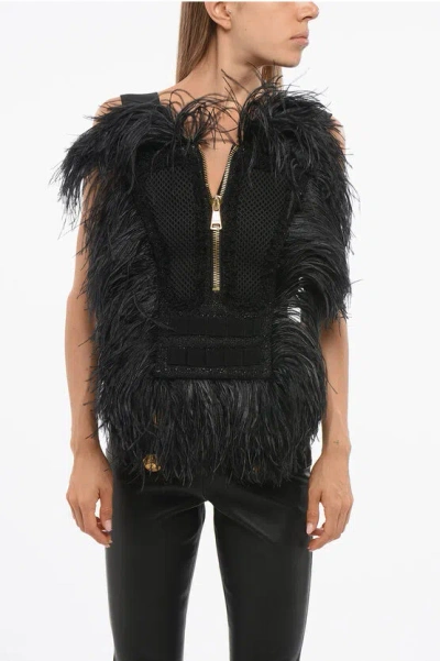 Balmain Solid Color Top With Golden Zip And Tone On Tone Feathers Tr In Black