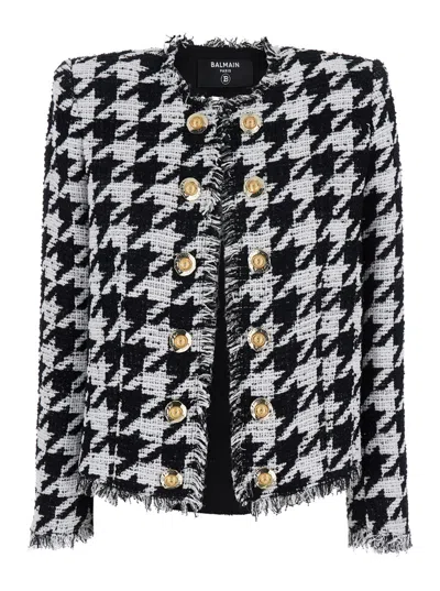 BALMAIN BALMAIN 'SPENCER' BLACK AND WHITE JACKET WITH ALL-OVER CHECK MOTIF AND FRINGED HEM IN COTTON BLEND W