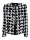 Balmain Spencer Black And White Jacket With All-over Check Motif And Fringed Hem In Cotton Blend Woman In Black
