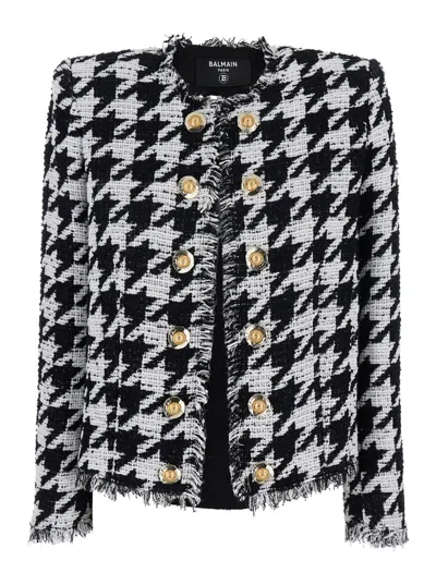 Balmain Spencer Black And White Jacket With All-over Check Motif And Fringed Hem In Cotton Blend Woman