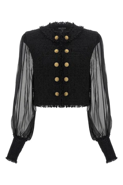 Balmain Cropped Blazer Tailored Collar Sheer Smocked Sleeves In Animal Print