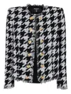 Balmain Spencer Black And White Jacket With All-over Check Motif And Fringed Hem In Cotton Blend Woman