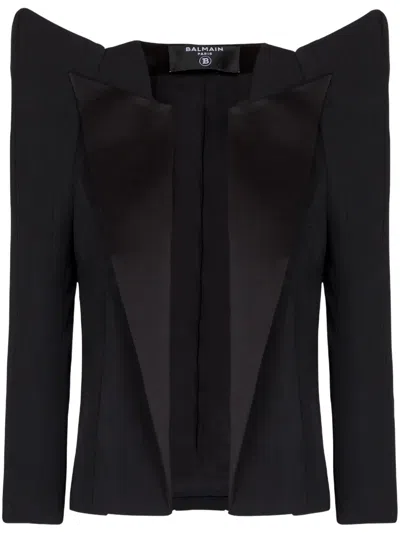 Balmain Cropped Grain De Poudre Jacket With Structured Shoulders In Black