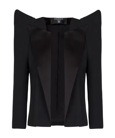 Balmain Cropped Grain De Poudre Jacket With Structured Shoulders In Black