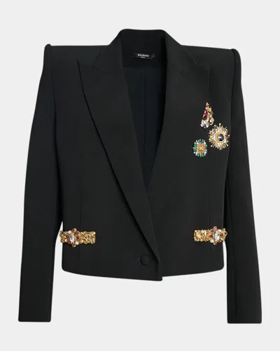 Balmain Spencer Jeweled Strong-shoulder Oversized Blazer In Black