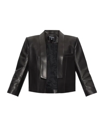 Balmain Cropped Leather Biker Jacket In Black