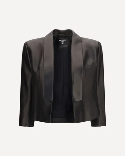 Balmain Cropped Leather Biker Jacket In Black