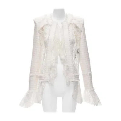Pre-owned Balmain Spencer Pink White Tweed Sheer Lace Ruffle Blazer Jacket Fr34 Xs