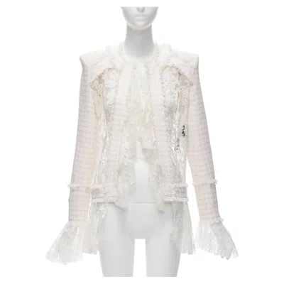 Pre-owned Balmain Spencer Pink White Tweed Sheer Lace Ruffle Blazer Jacket Fr34 Xs