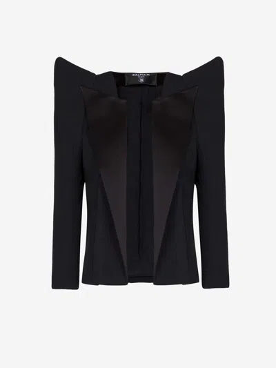 Balmain Cropped Grain De Poudre Jacket With Structured Shoulders In Black