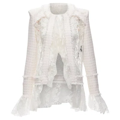 Balmain Spencer Tweed Sheer Lace Ruffle Blazer Jacket In White