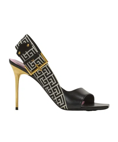 BALMAIN RUBY SANDALS IN CALFSKIN AND PB LABYRINTH CANVAS