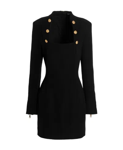 Balmain Square-neck Wool Mini Dress In Black