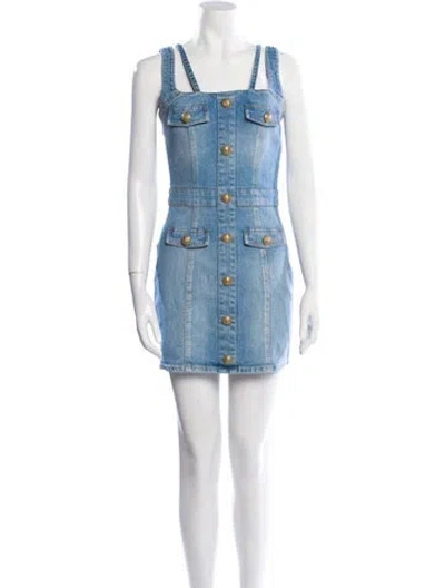 Pre-owned Balmain Square Neckline Mini Dress In Blue