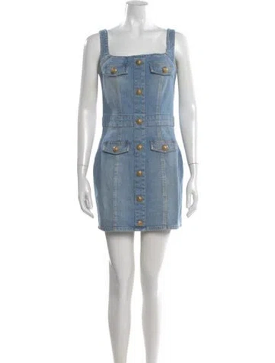 Pre-owned Balmain Square Neckline Mini Dress In Blue