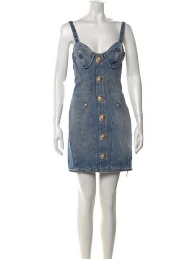 Pre-owned Balmain Square Neckline Mini Dress In Blue