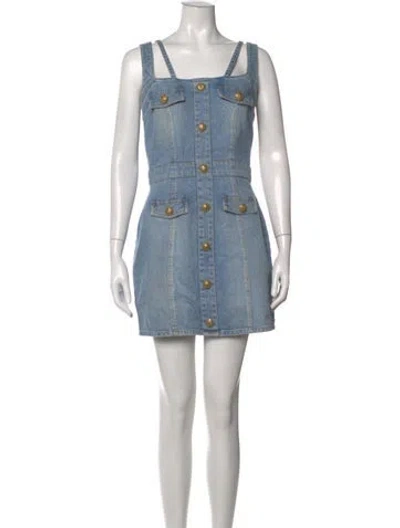 Pre-owned Balmain Square Neckline Mini Dress In Blue