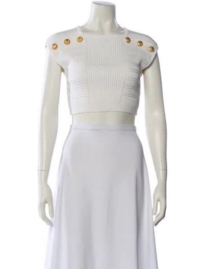 Pre-owned Balmain Square Neckline Short Sleeve Crop Top In White