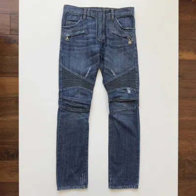 Pre-owned Balmain S/s 2011 Indigo Wash Decarnin Eagle Coin Biker Jeans In Blue