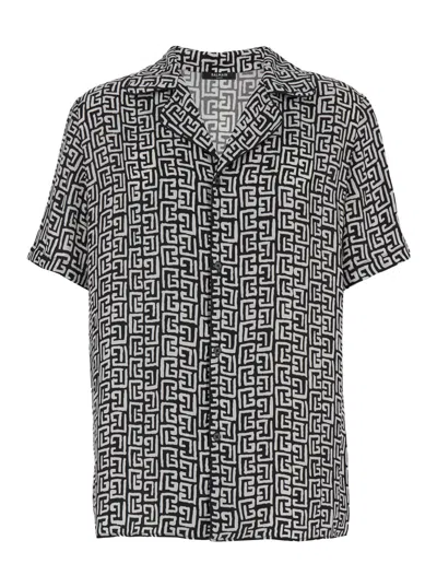 Balmain Black And White Bowling Shirt With All-over Monogram